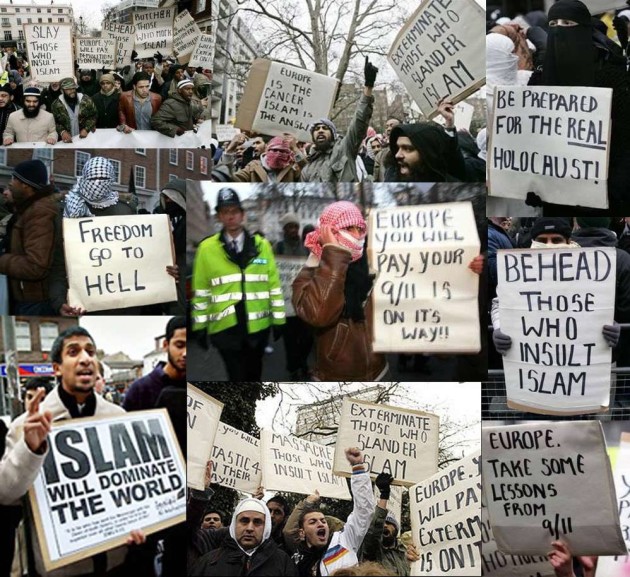 Koláž fotografií z rôznych zhromaždení Moslimov. Na transparentoch sa píše napríklad "Pripravte sa na skutočný holokaust", "Islam ovládne svet" alebo "Európa je rakovina, Islam je odpoveď".